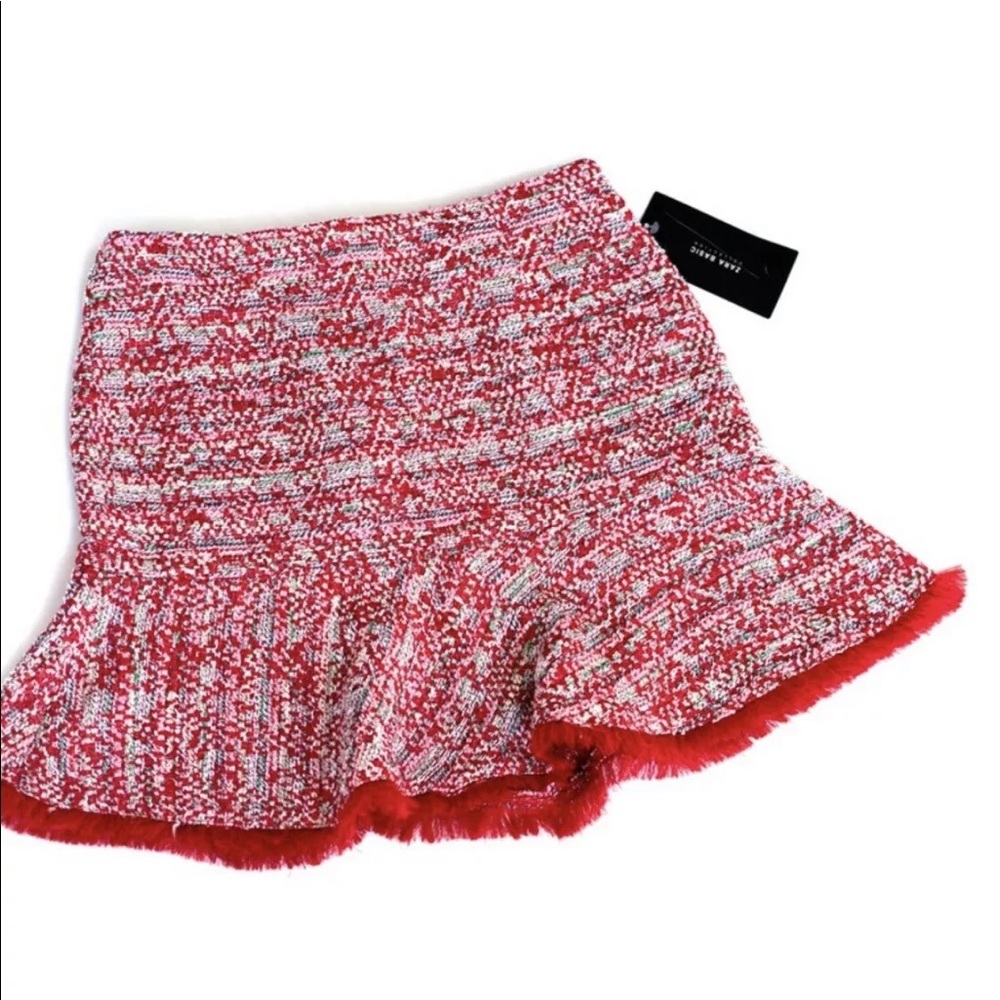 Zara Red knit fringe mini skirt sz XS